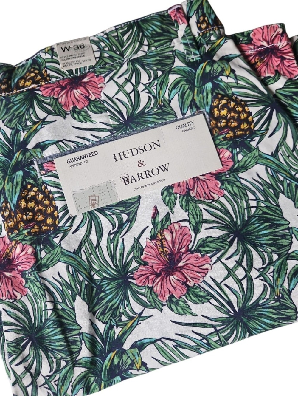 Hudson & Barrow Men’s White Tropical Print Button-Down Shirt - Pink & Green